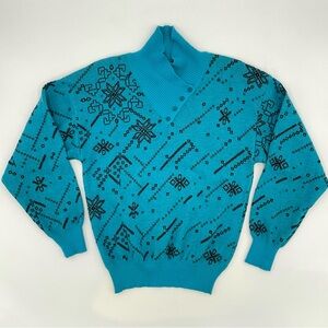 Vintage Sweater Abstract Snowflake Buttoned Turtleneck Women Size‎ Medium Blue